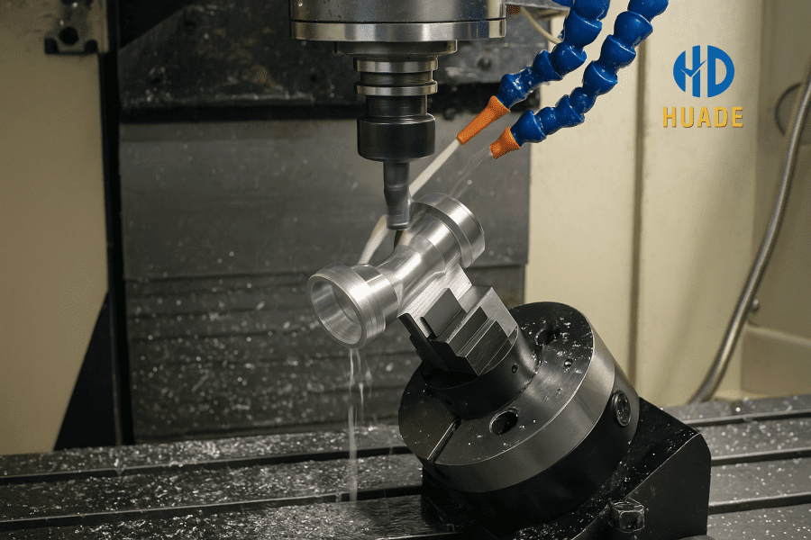 CNC Milling with Coolant Spray CNC milling machine processing aluminum parts with coolant