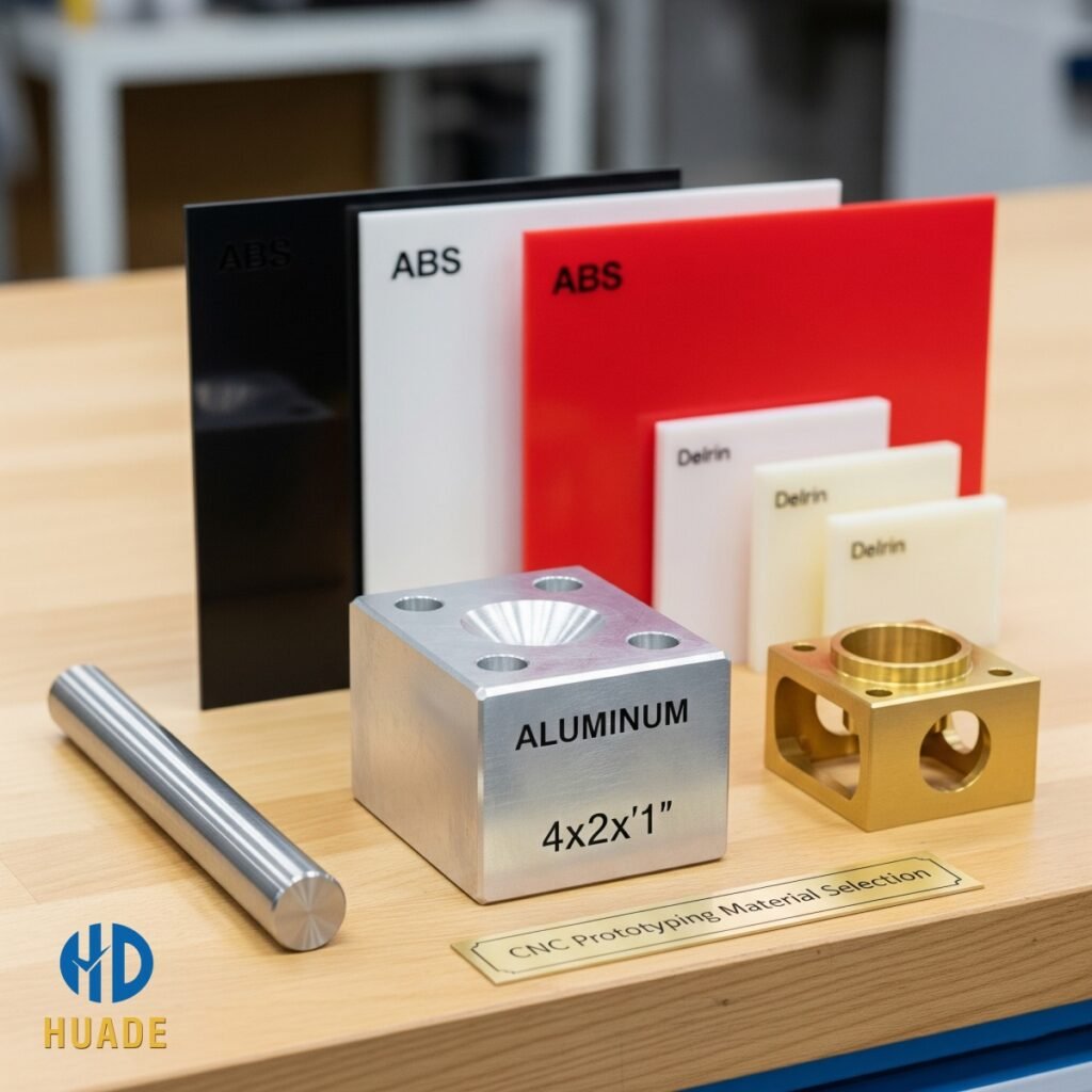 A collection of common CNC prototyping materials on a workbench, including aluminum, stainless steel, and various plastics. A collection of common CNC prototyping materials on a workbench, including aluminum, stainless steel, and various plastics. This image visually represents the material selection process for CNC parts.