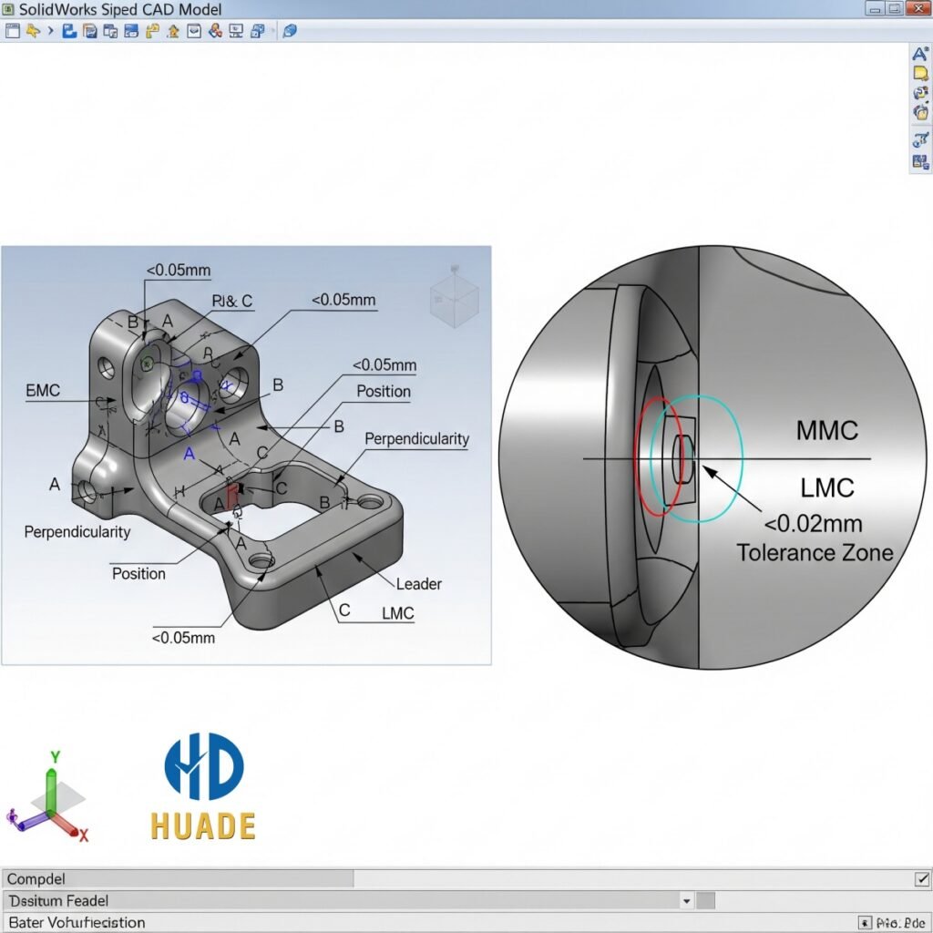 A comparison image of a CAD model with detailed tolerance design A comparison image of a CAD model with detailed tolerance design on the left and a magnified view of the tolerance zone on the right, highlighting precision in manufacturing.