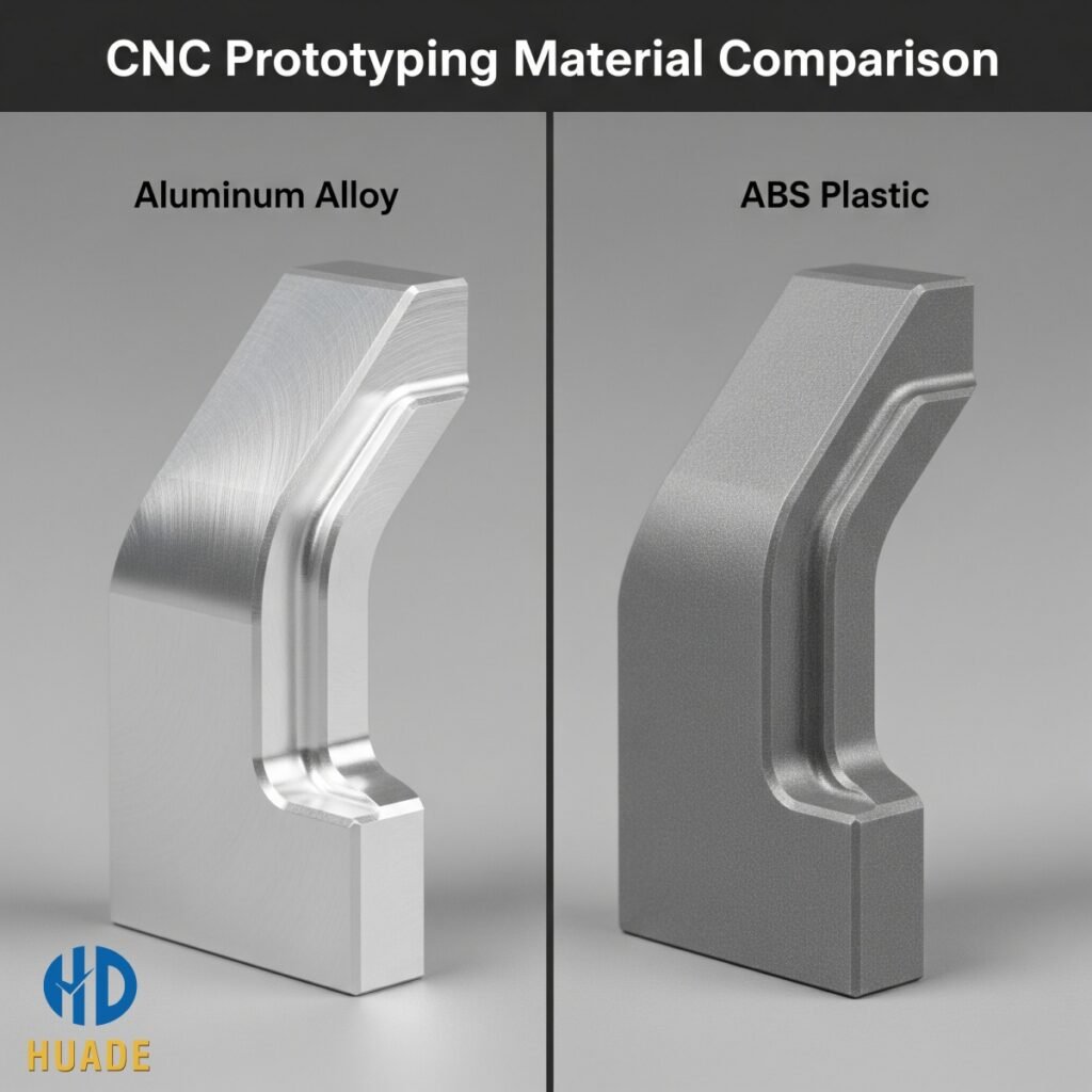 A comparison image of a CNC machined part made from aluminum alloy on the left and a part made from ABS plastic on the right A comparison image of a CNC machined part made from aluminum alloy on the left and a part made from ABS plastic on the right, highlighting the differences in texture and finish.