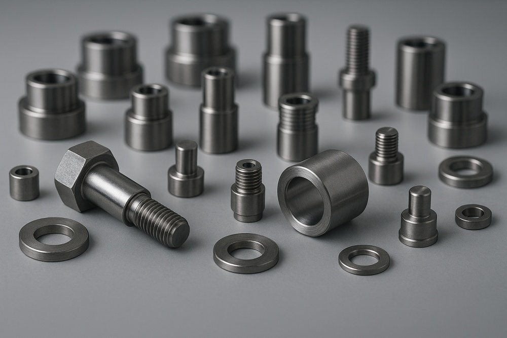Finished 1215 carbon steel machined parts arranged for inspection Finished 1215 carbon steel machined parts arranged for inspection