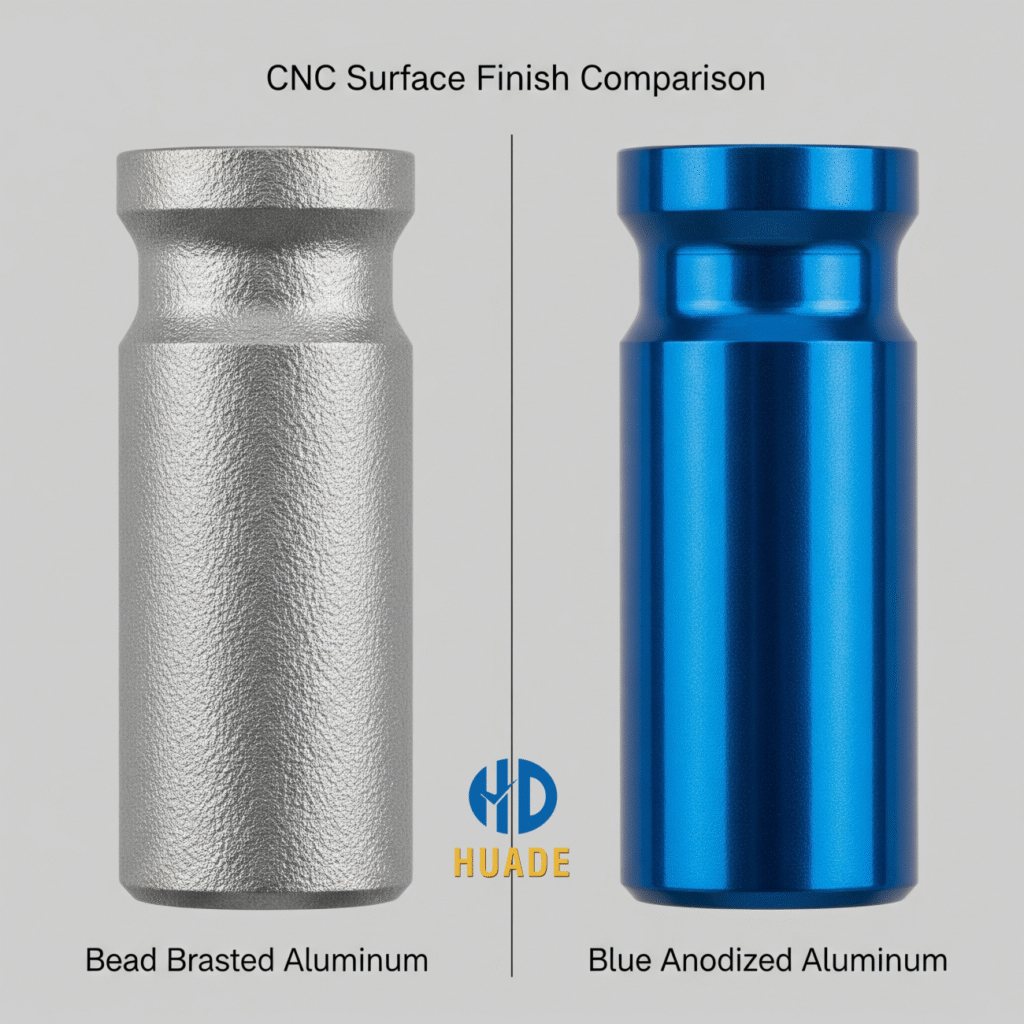 cnc-anodizing-vs-bead-blasting A comparison of a CNC part with a bead-blasted finish on the left and a blue anodized finish on the right.