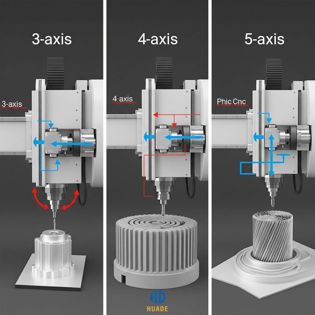 cnc-prototyping-3axis-4axis-5axis-comparison Comparison of 3-axis, 4-axis, and 5-axis CNC prototyping with different machining capabilities