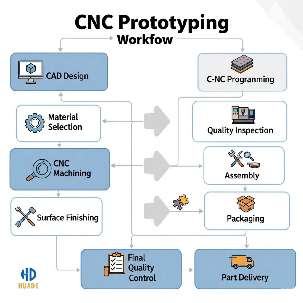 cnc-prototyping-process-flowchart-cad-to-delivery Flowchart of the CNC prototyping process from CAD design to final part delivery