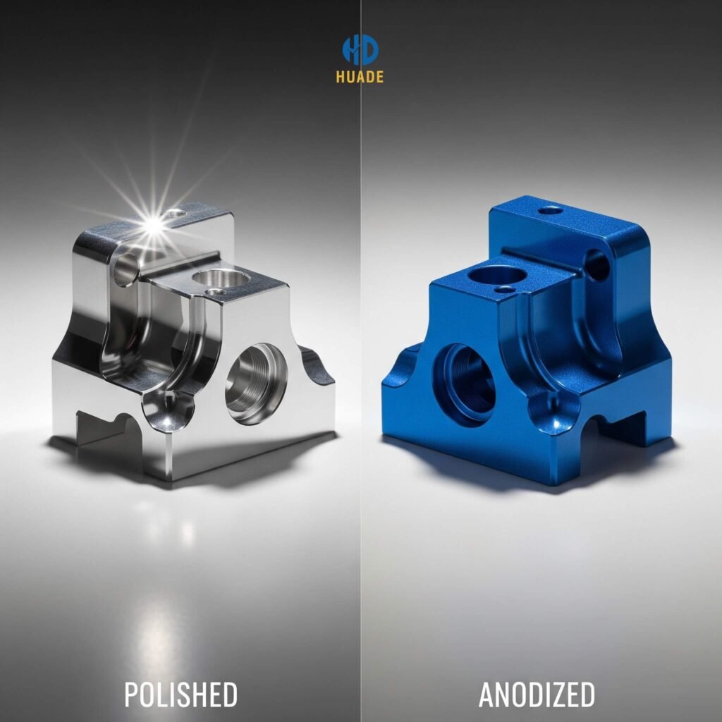 cnc-prototyping-surface-finish-comparison-polishing-anodizing CNC prototyping parts with different surface finishes, comparing polishing and anodizing results