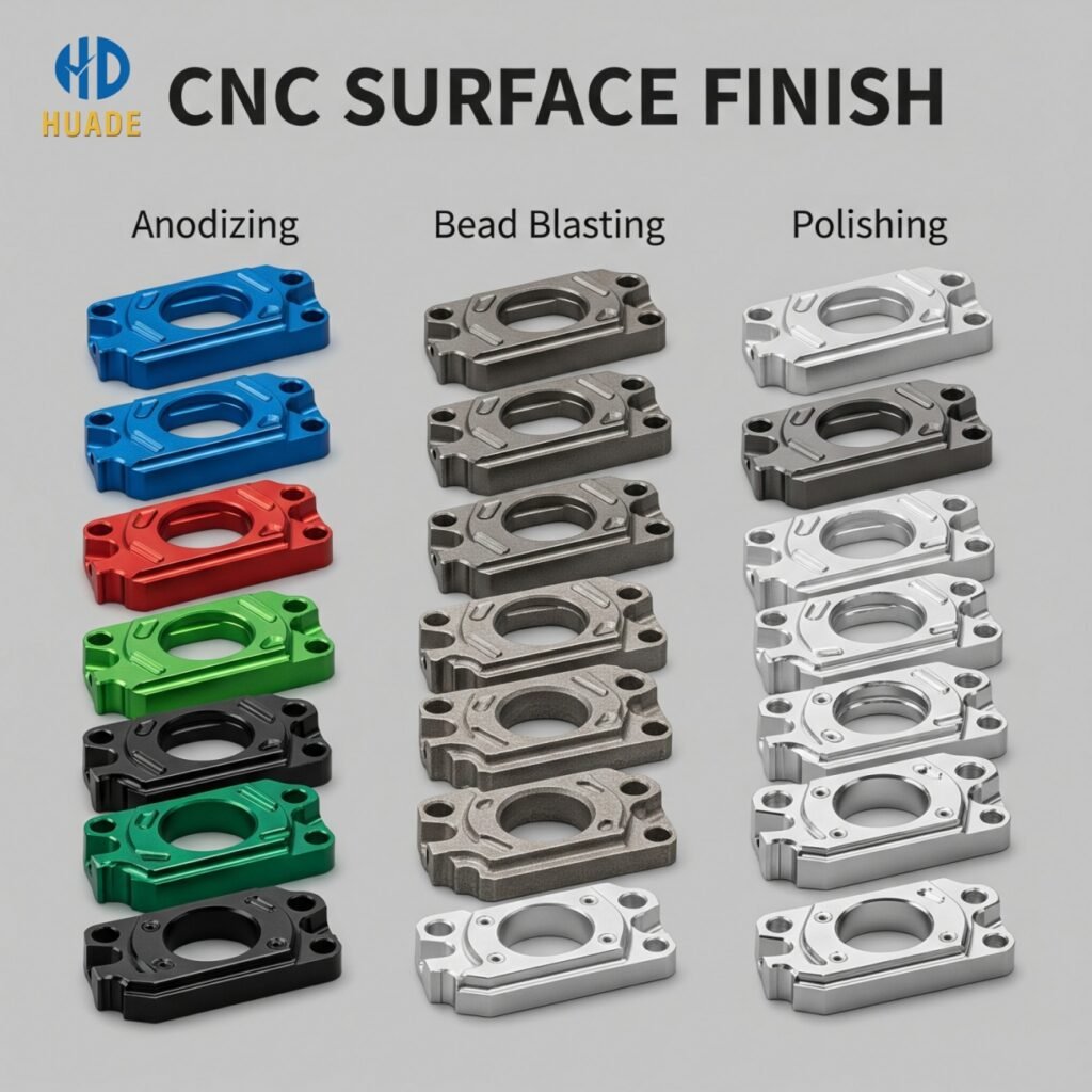 A Visual Guide to CNC Surface Finish Options A comparison image of CNC parts showing different surface finish effects, including anodizing, bead blasting, and polishing.